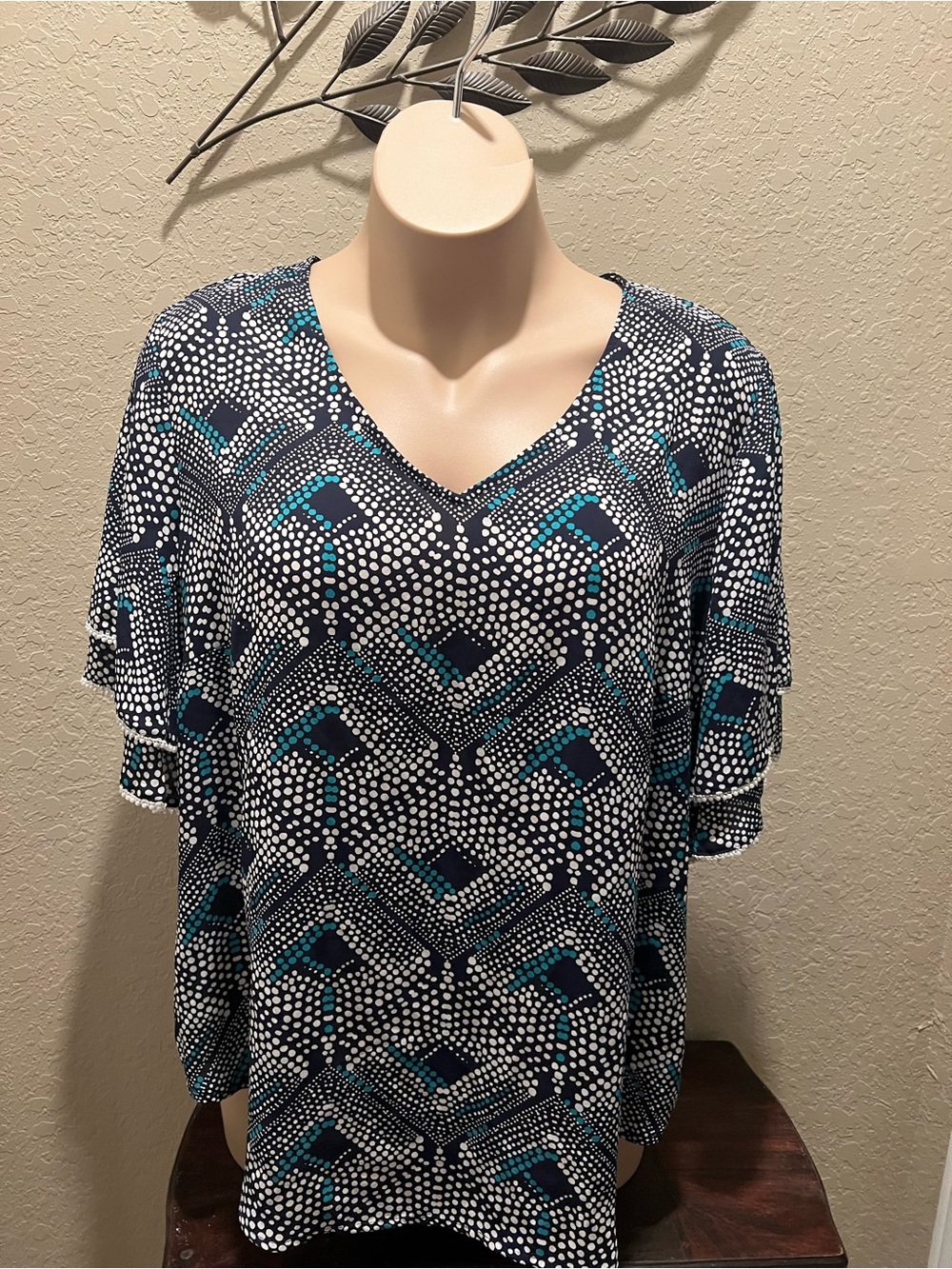 NY Collection Navy and Teal Dot-Geo V-Neck Flutter Sleeve Blouse